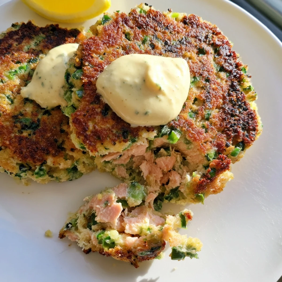 Golden lemon garlic Alaska salmon cakes plated with creamy aioli and fresh parsley garnish