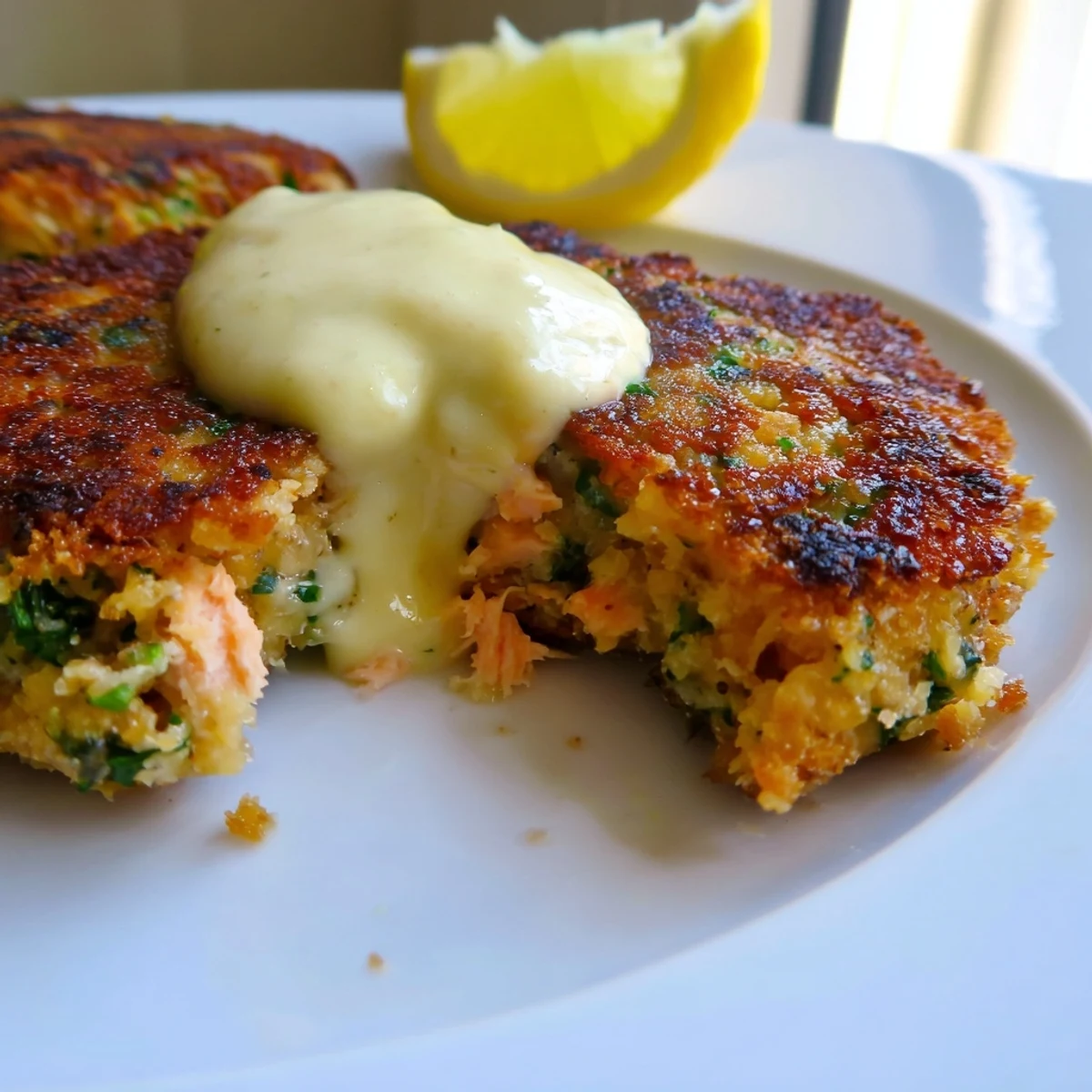 Crispy pan-fried salmon cakes with zesty lemon garlic aioli served on a rustic plate