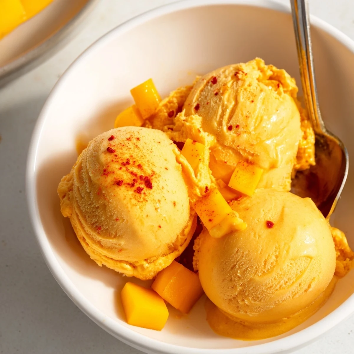 Creamy chili lime mango sorbet scooped into golden bowls with fresh mint garnish