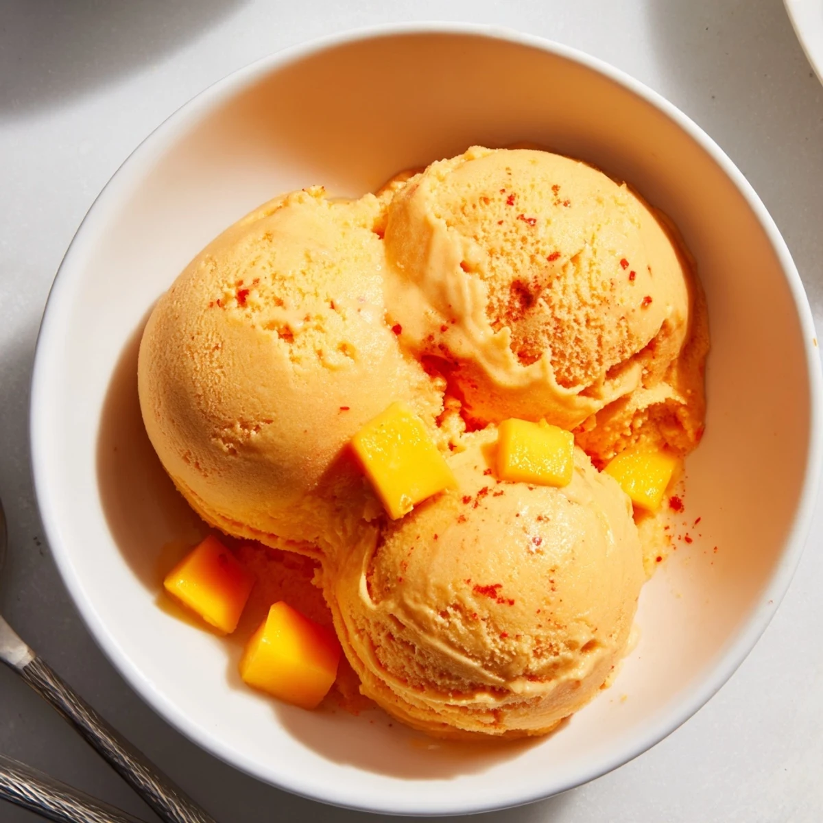 Creamy chili lime mango sorbet topped with lime zest and coconut flakes
