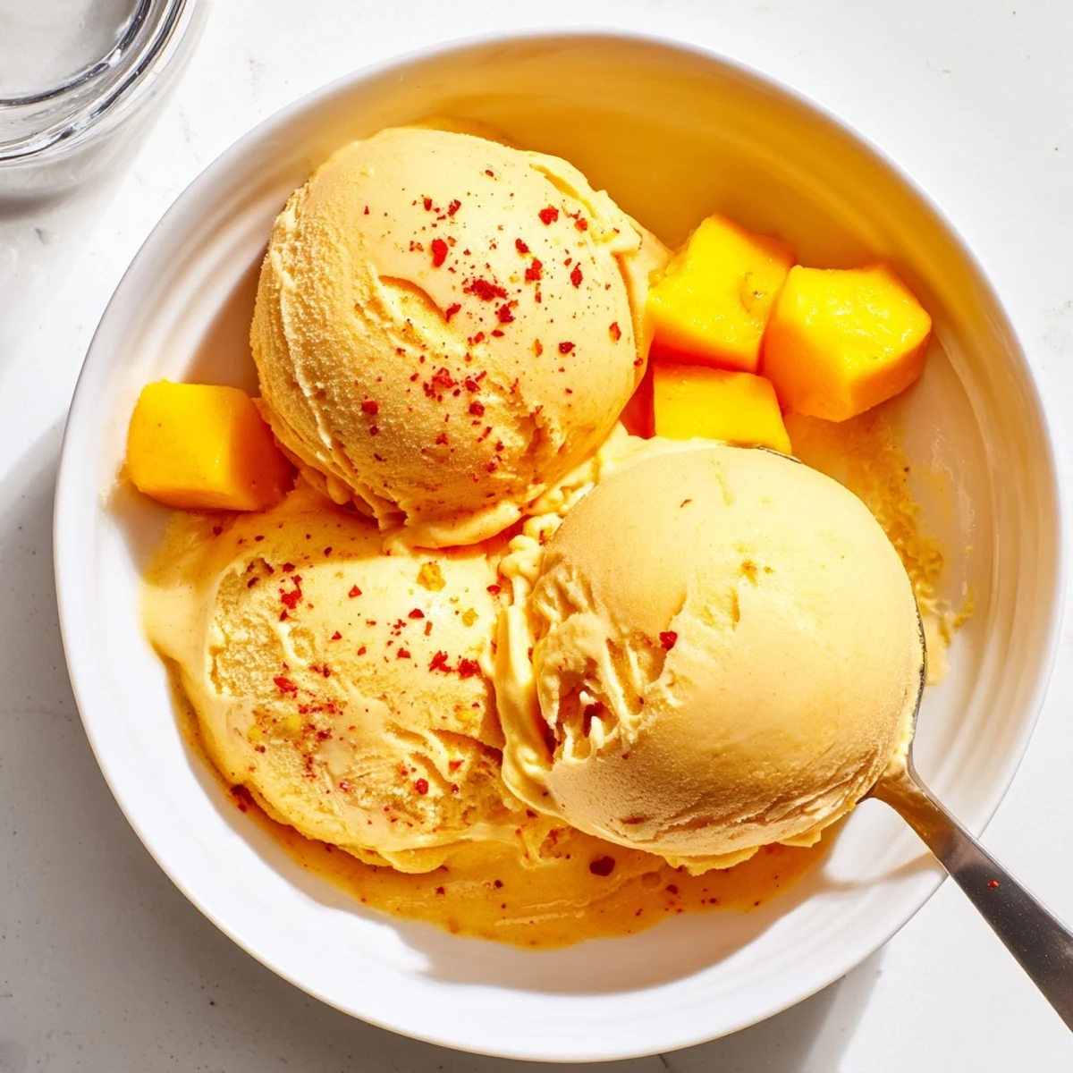 Velvety smooth chili lime mango sorbet glistening in vibrant sunset orange hues