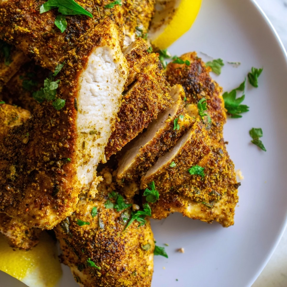 Golden oven baked chicken breasts with herbs served on a white plate
