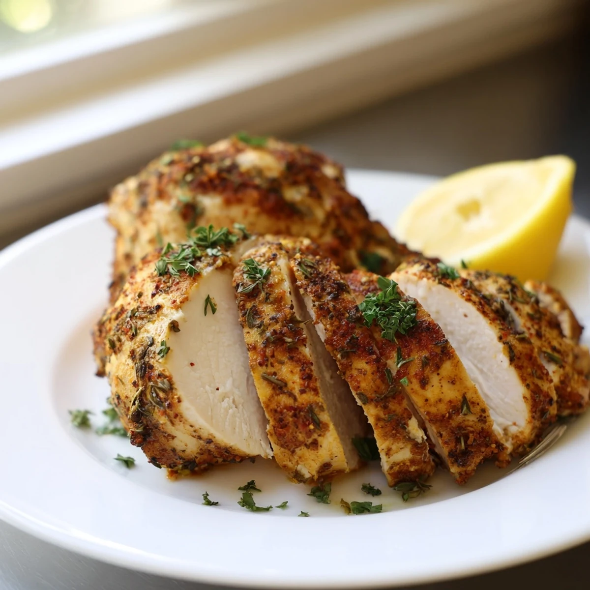 Juicy oven baked chicken breasts sliced open showing tender seasoned meat