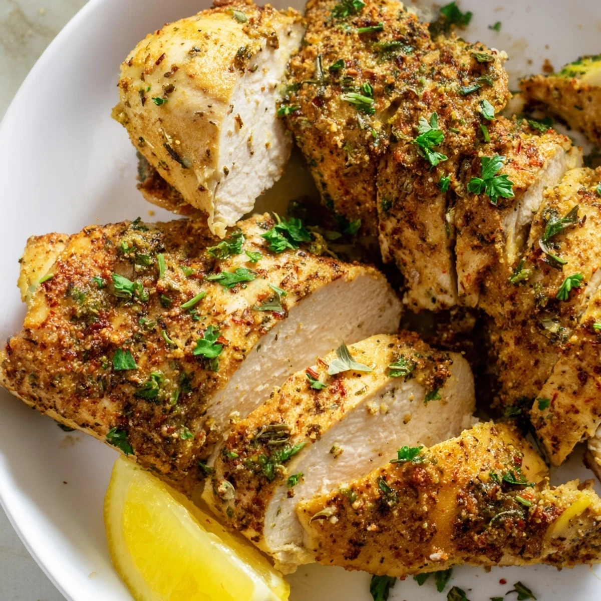 Perfectly cooked oven baked chicken breasts garnished with fresh parsley and lemon wedges