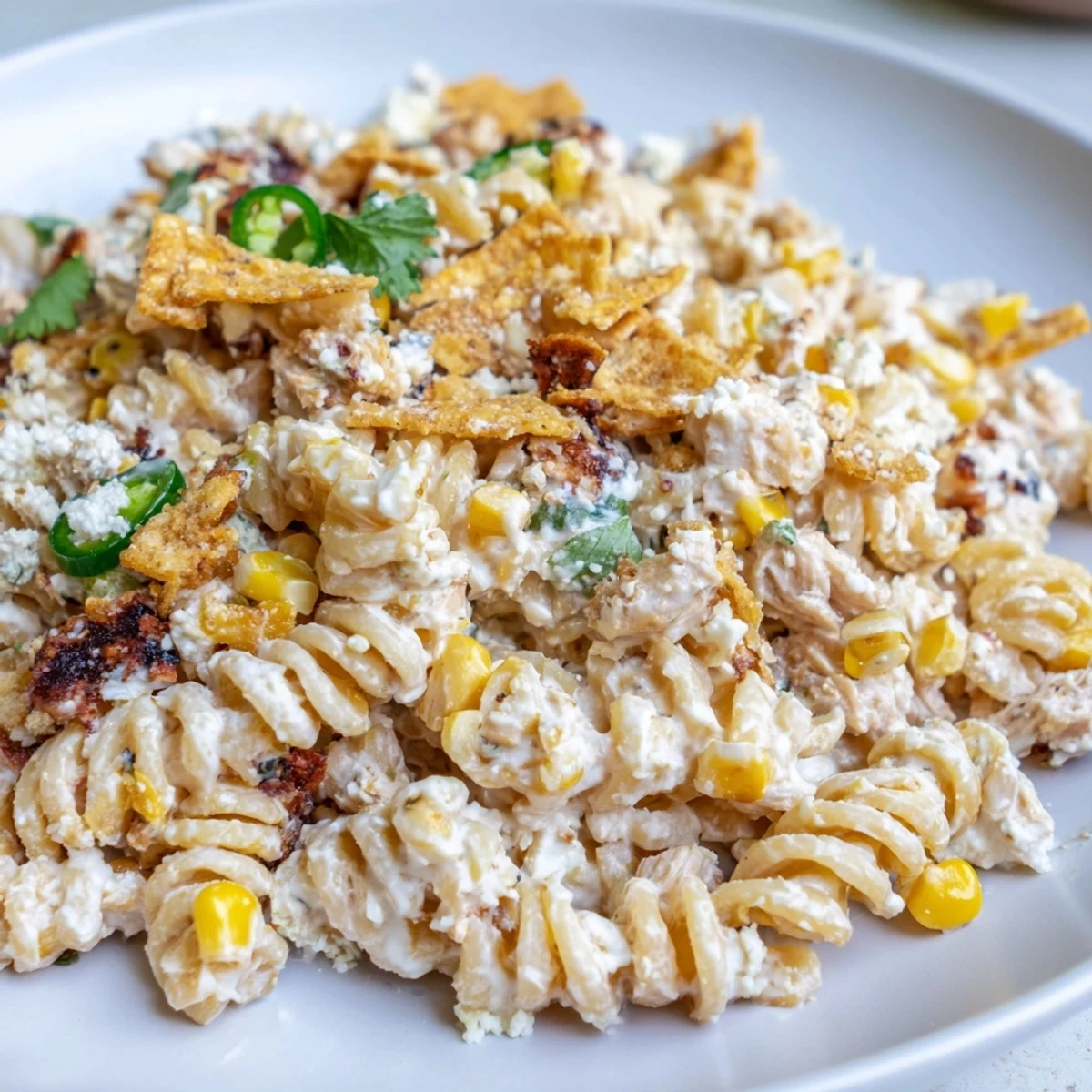 Colorful elote style chicken pasta salad in a serving bowl with charred corn and lime wedges