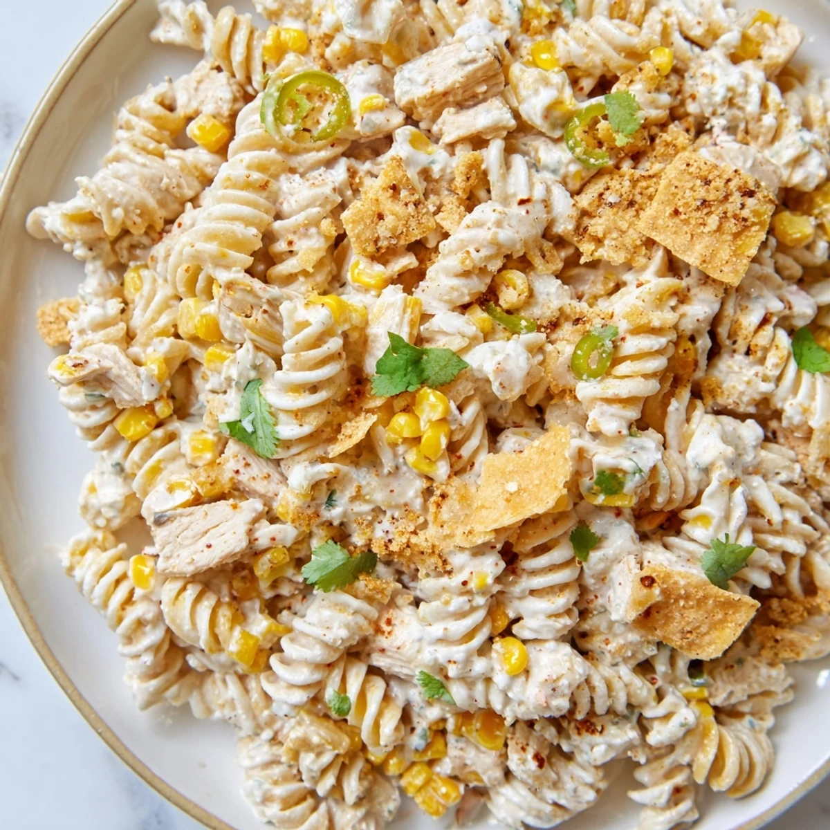 Creamy Mexican street corn chicken pasta salad topped with crushed tortilla chips and fresh cilantro