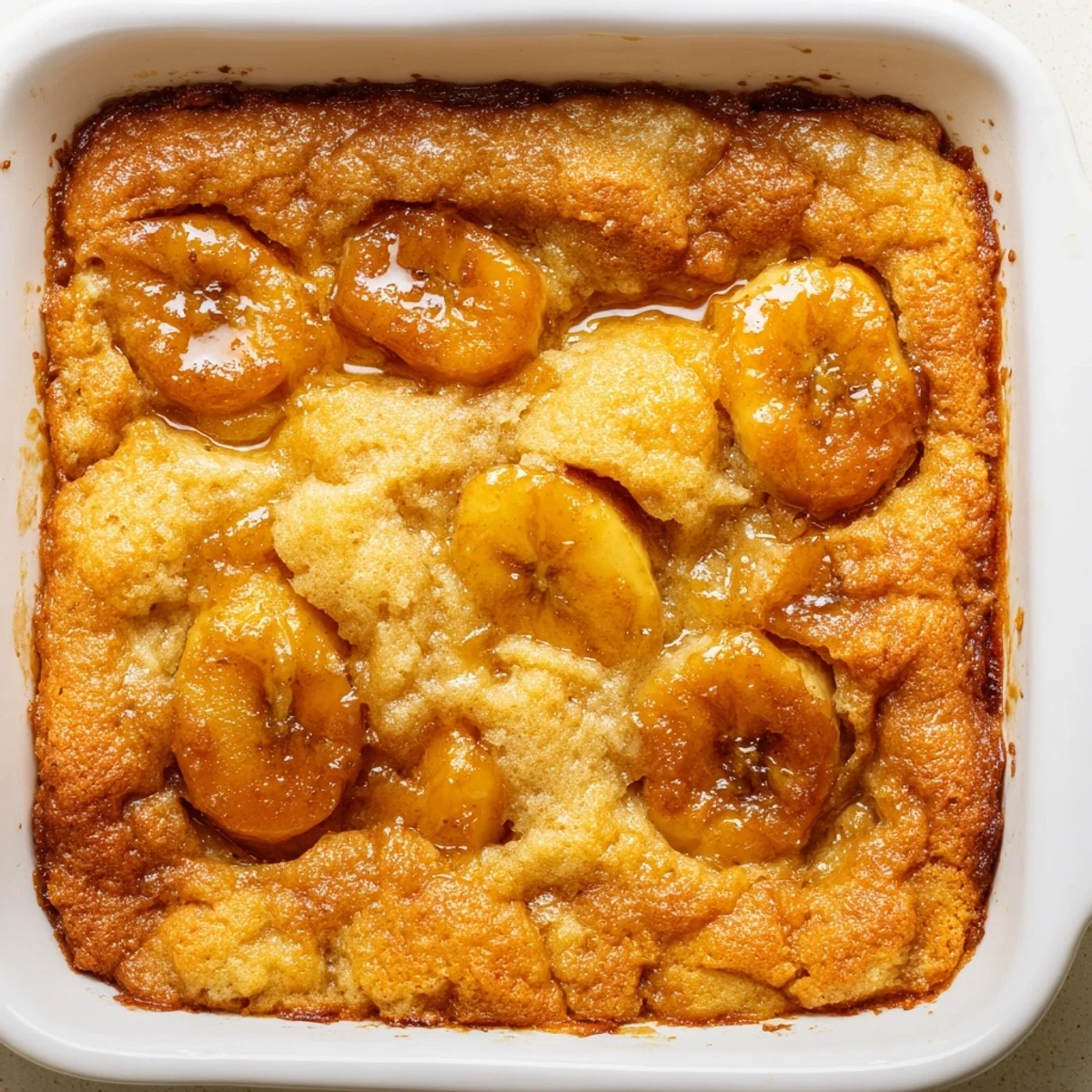 Golden Southern Banana Cobbler with bubbling caramelized bananas and a buttery crust