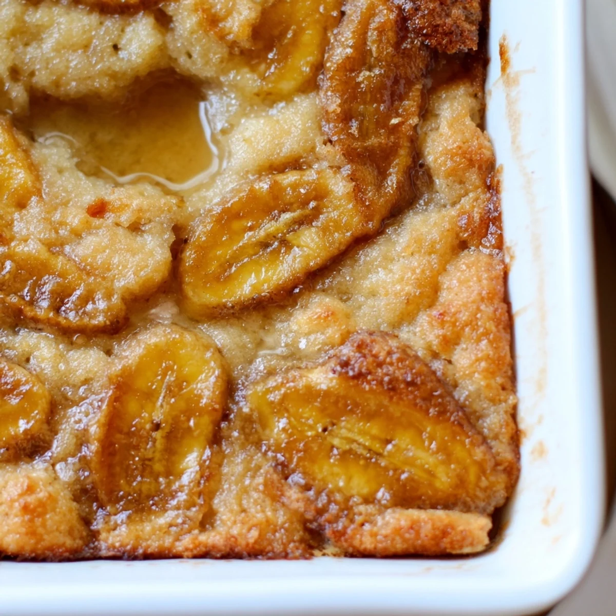 Warm Southern Banana Cobbler served in a rustic baking dish with melted edges