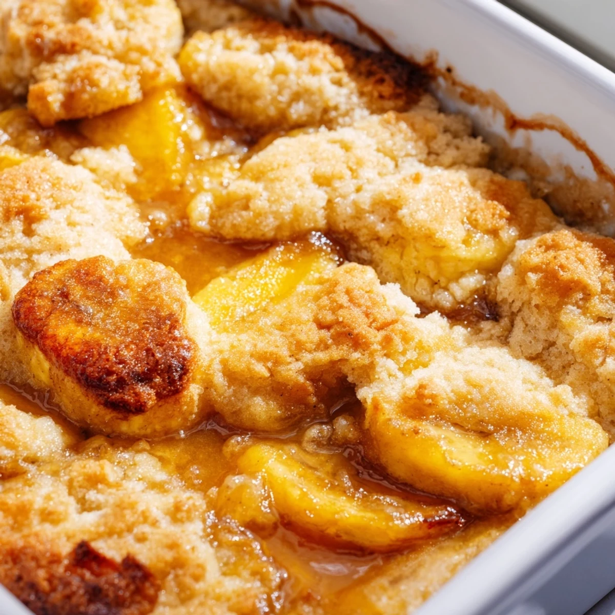Southern Banana Cobbler topped with a scoop of creamy vanilla ice cream