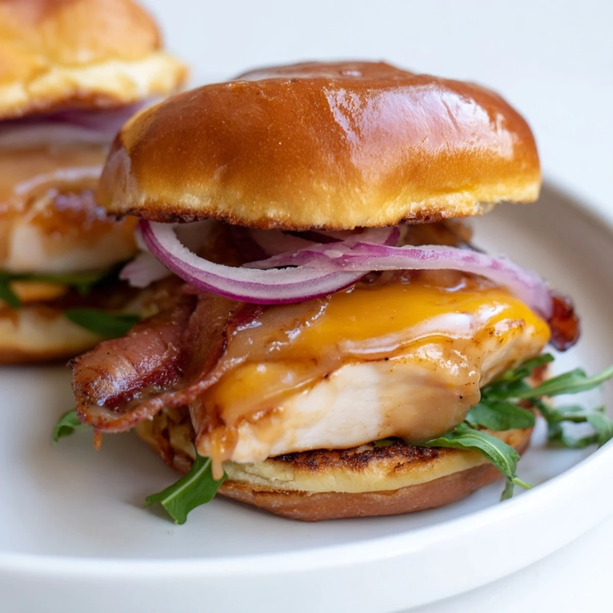 Golden maple chicken bacon sliders stacked on toasted buns with melted cheddar and crispy bacon strips