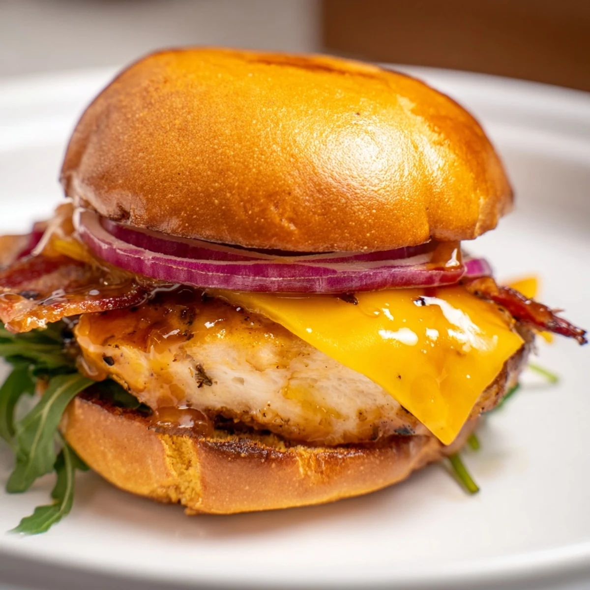 Sweet and savory maple chicken bacon sliders garnished with arugula on a rustic wooden board