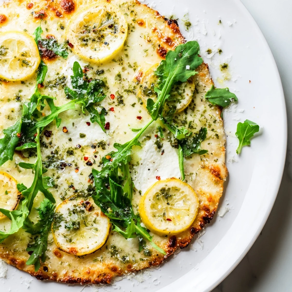 Zesty Summer Lemon Pizza topped with peppery arugula, fresh basil, and melted mozzarella