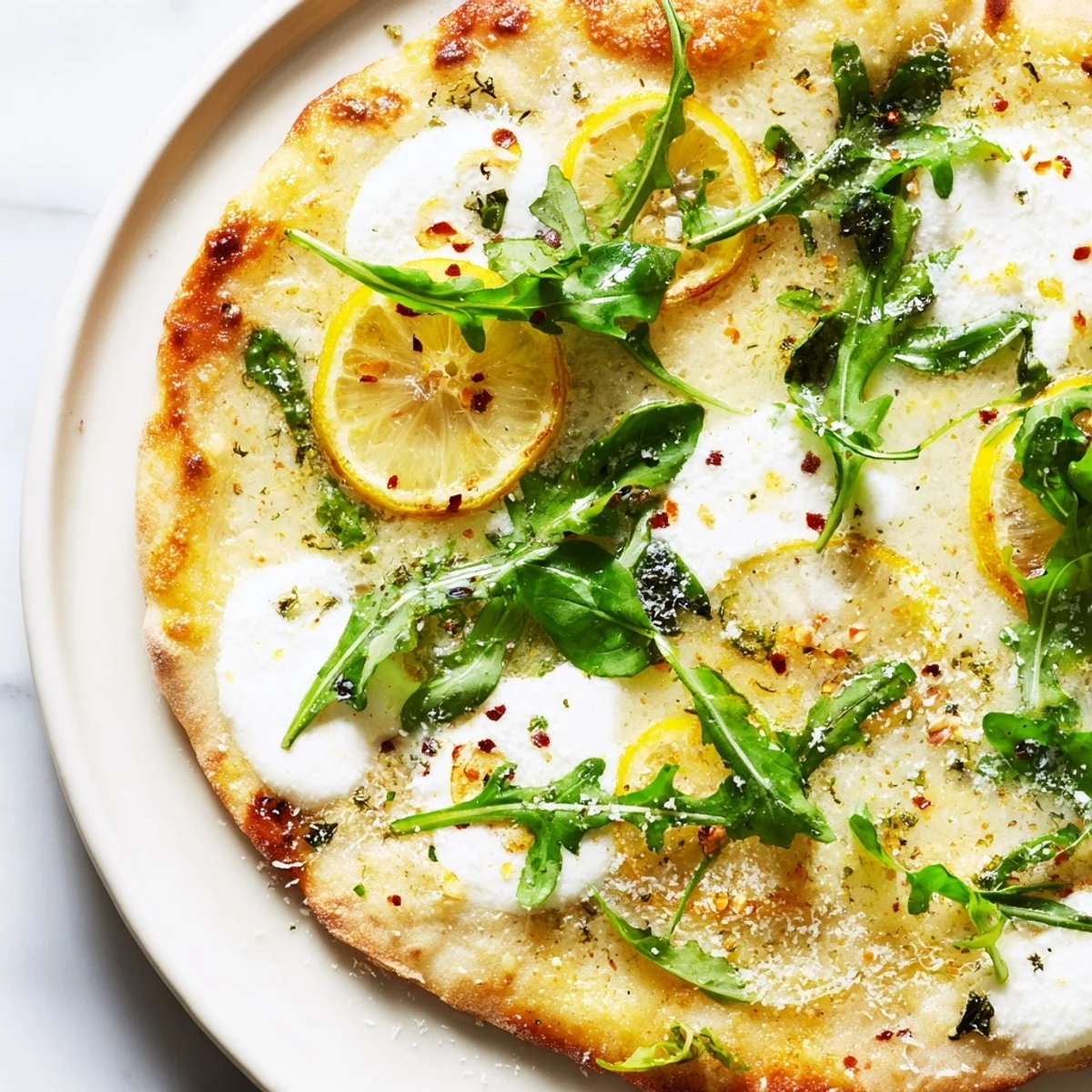 Zesty Summer Lemon Pizza fresh from the oven, drizzled with olive oil and herbs
