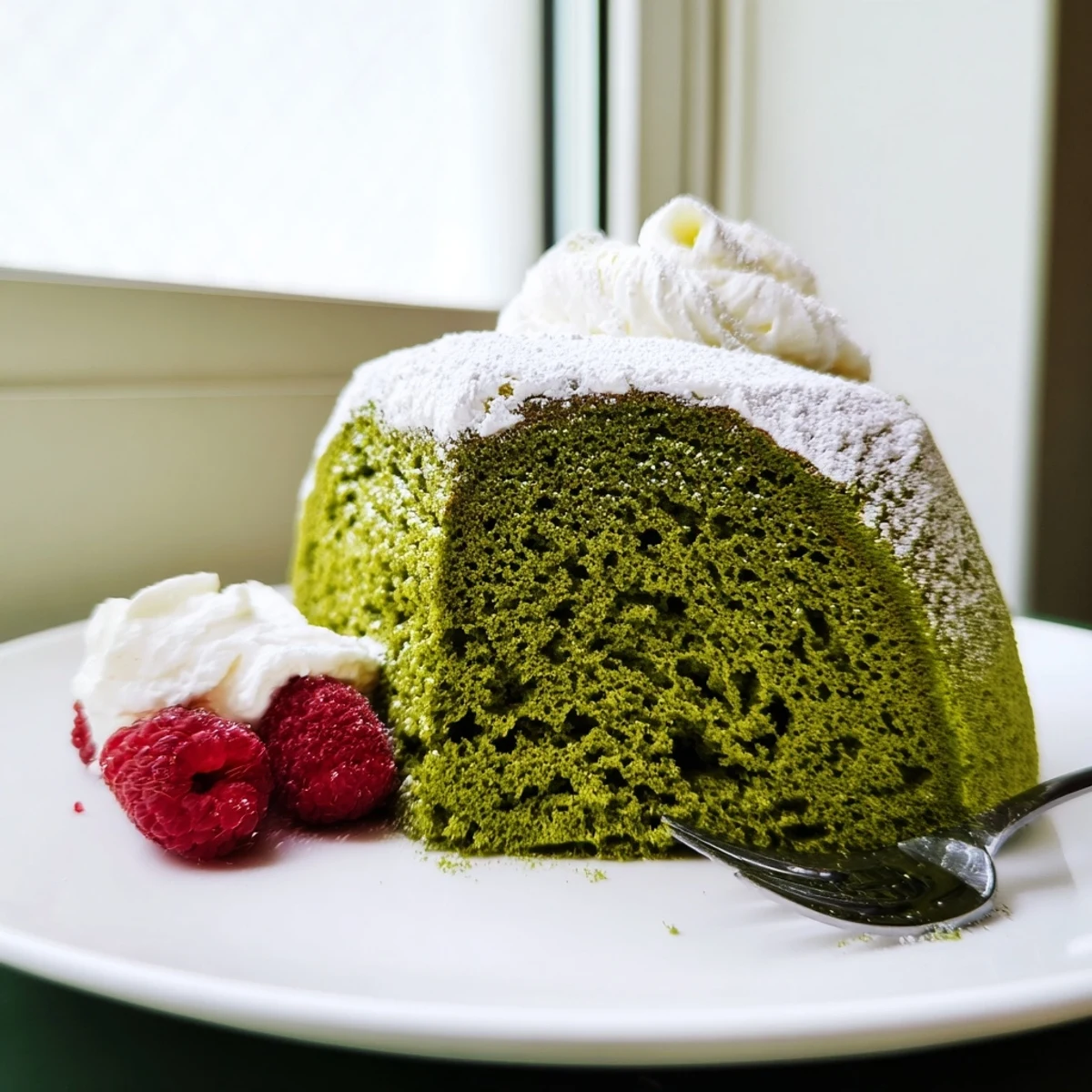 A slice of moist matcha cake dusted with powdered sugar on a white plate