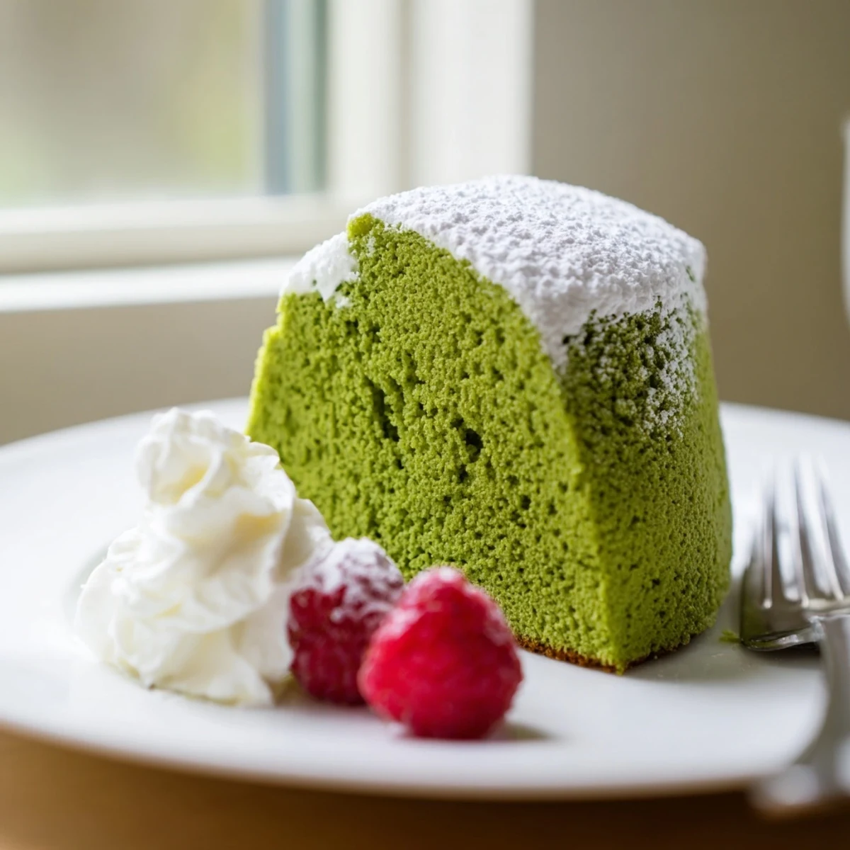 Vibrant green matcha cake served with fresh berries and a dollop of whipped cream