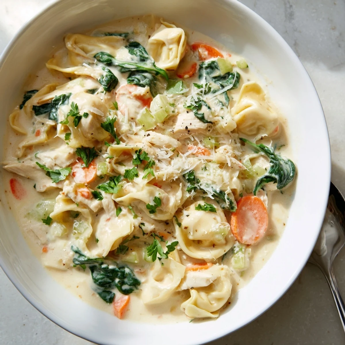 Creamy Crockpot Chicken Tortellini in a white bowl with wilted spinach and Parmesan