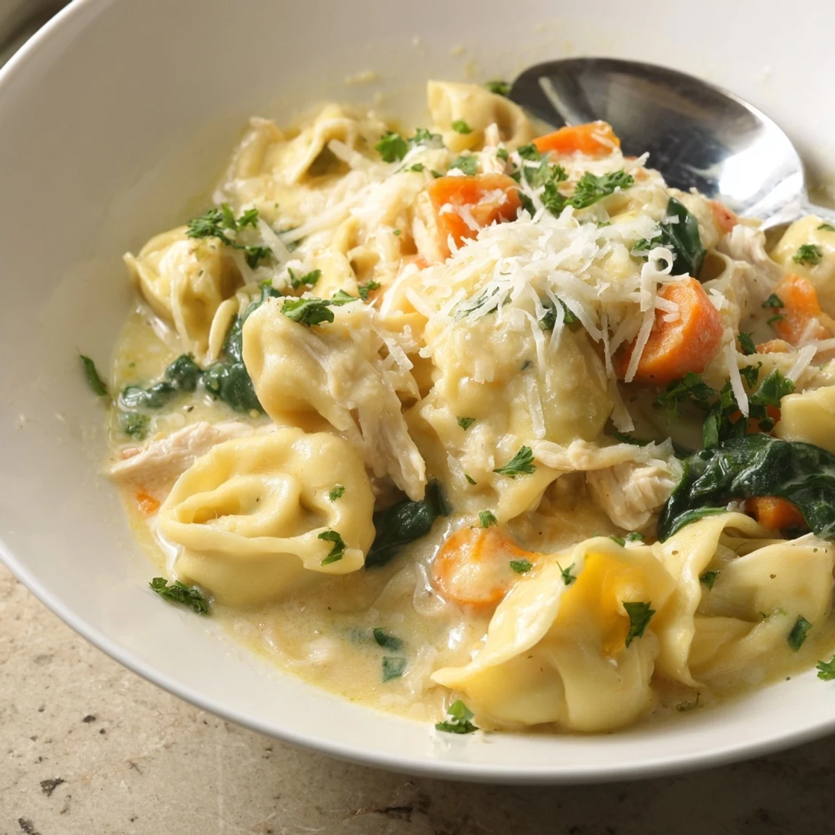 Golden shredded chicken and plump cheese tortellini in rich Crockpot Chicken Tortellini sauce