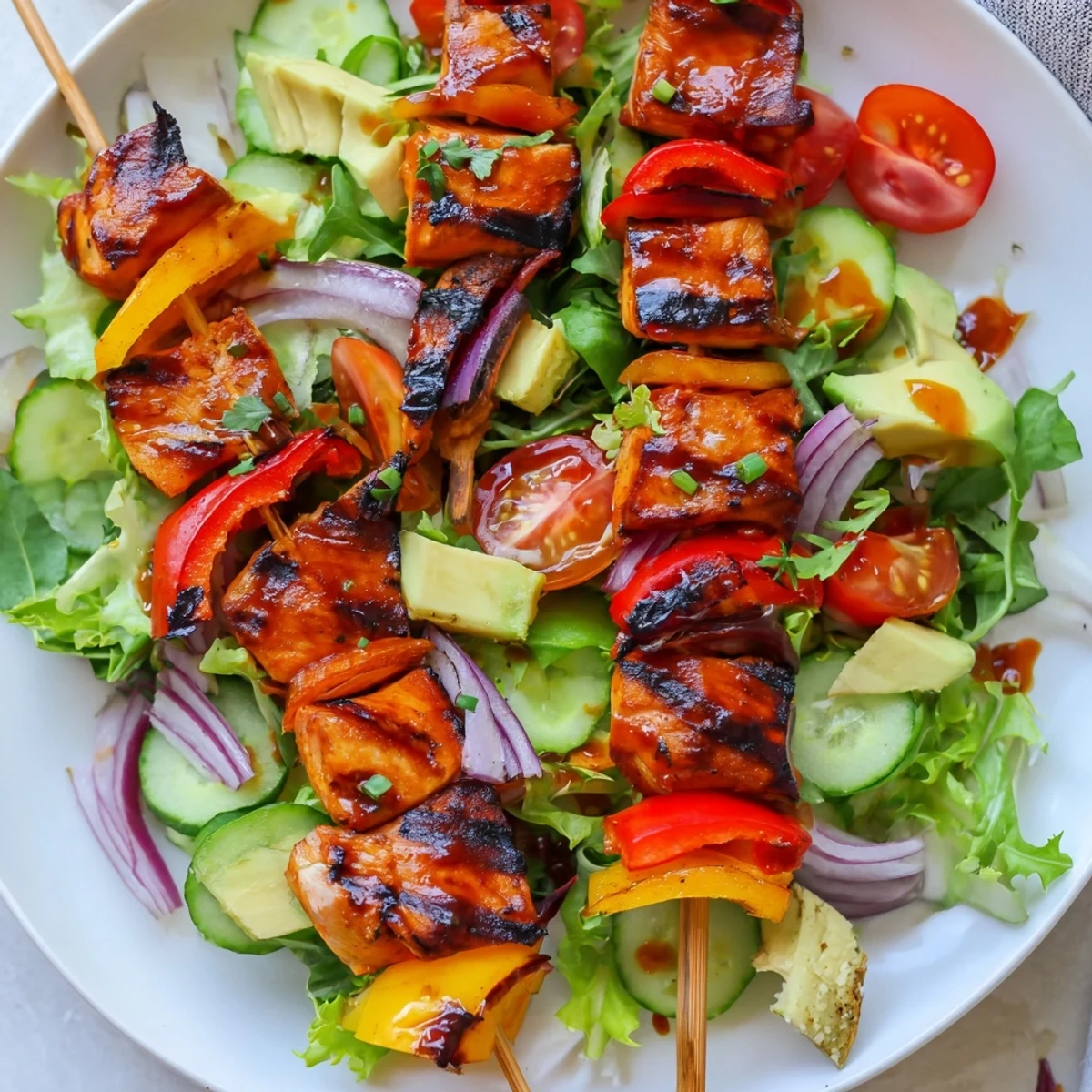 Smoky BBQ chicken skewer salad with colorful crisp vegetables and creamy avocado slices