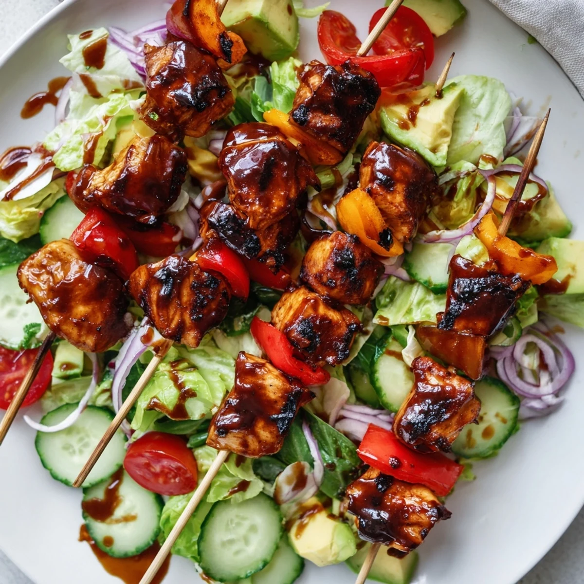 Charred BBQ chicken skewers nestled atop fresh greens with ripe avocado and tomatoes