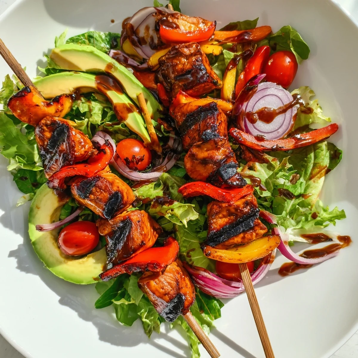 Juicy grilled BBQ chicken skewer salad drizzled with zesty honey mustard dressing