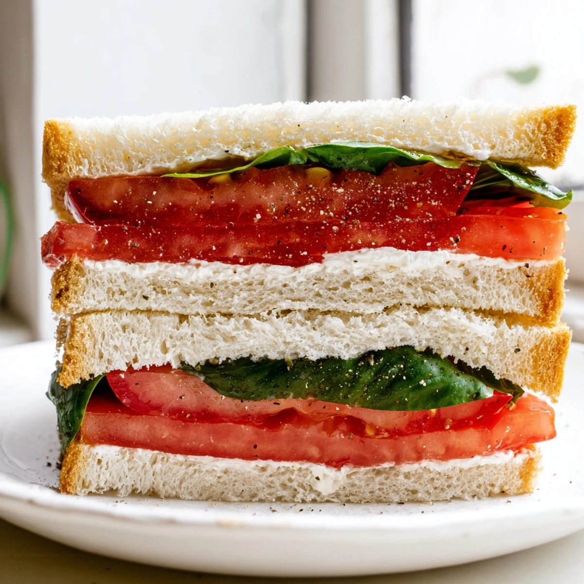 Juicy ripe tomato slices layered with creamy mayo on fresh bread in a classic tomato sandwich