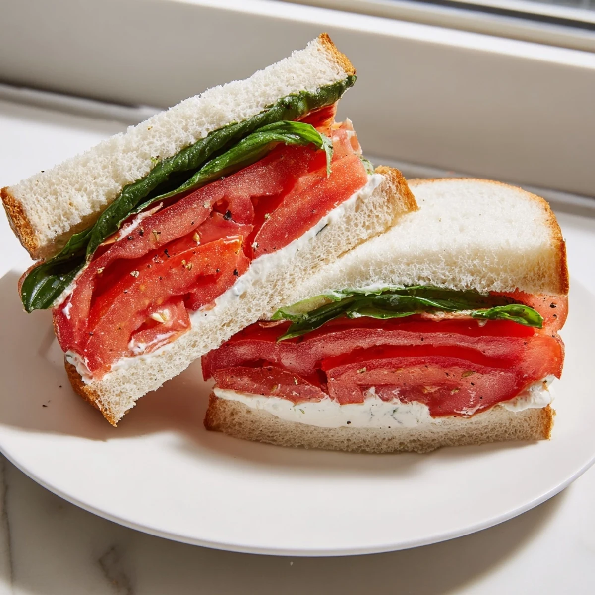 Creamy mayo spread generously over soft bread with seasoned tomato slices for a perfect tomato sandwich