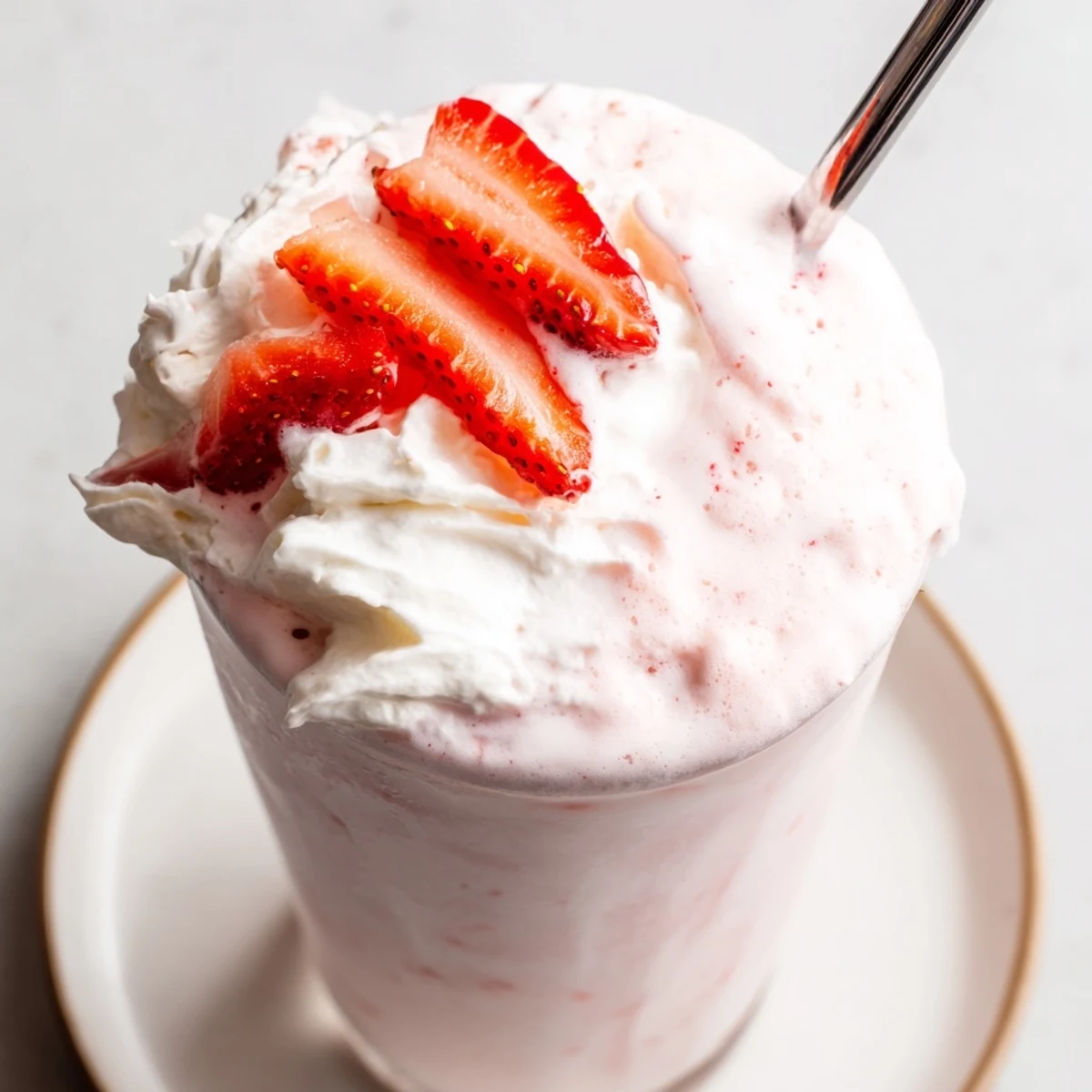 A delicious strawberry milkshake topped with fluffy whipped cream and fresh berry slices.