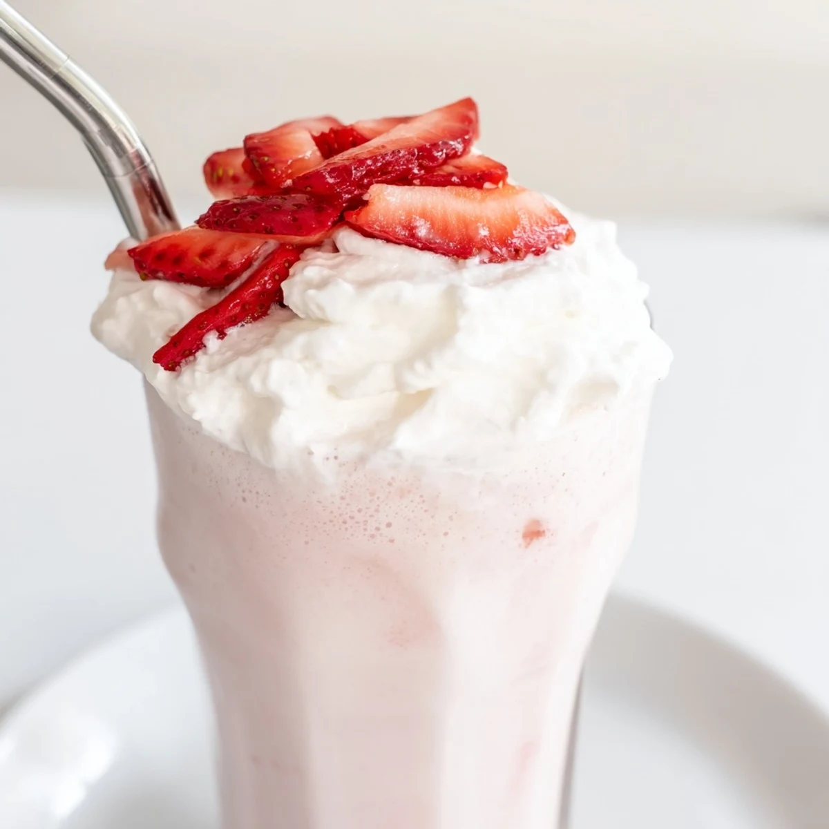 Chilled delicious strawberry milkshake in a tall glass topped with a swirl of whipped cream.