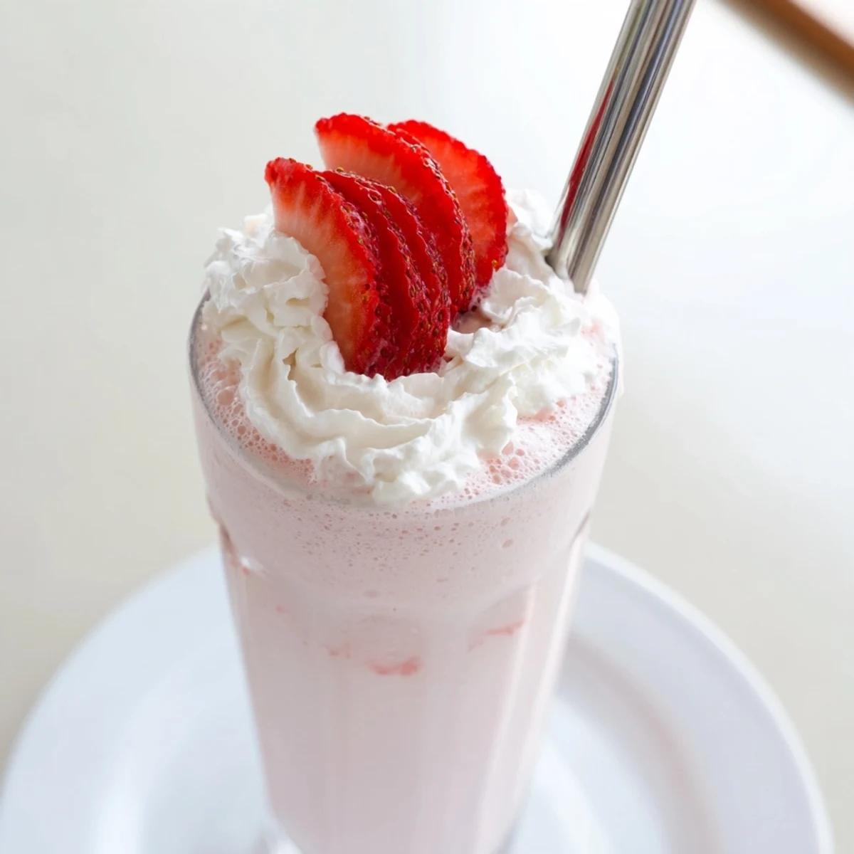Thick creamy strawberry milkshake poured into a glass garnished with ripe red strawberries.