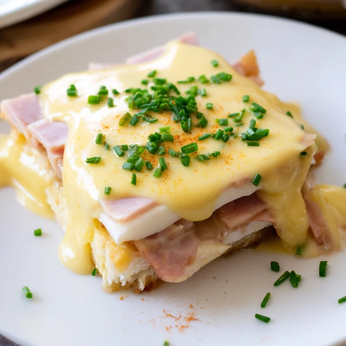 Golden Eggs Benedict Casserole topped with creamy hollandaise and fresh chives on a white plate.