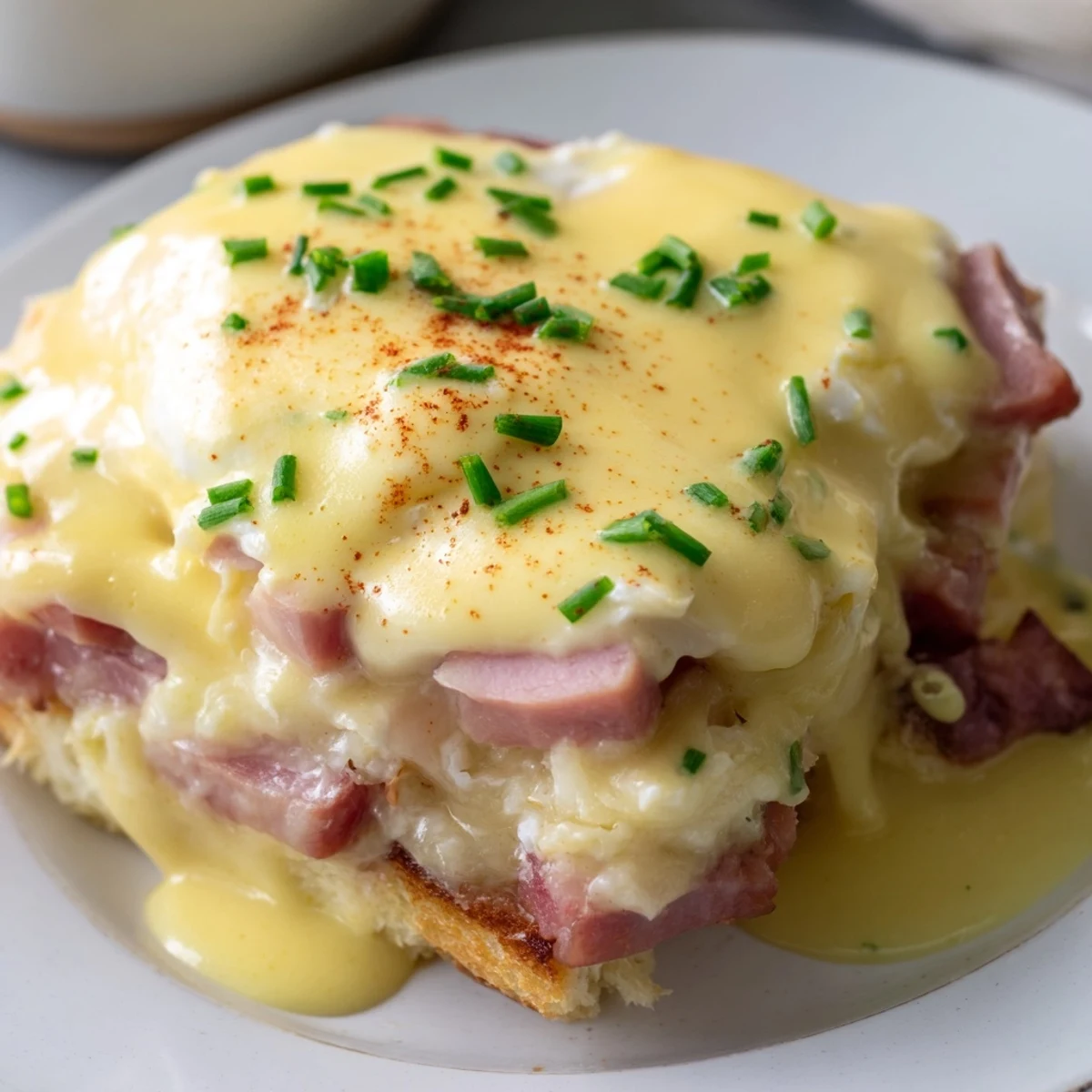 Warm Eggs Benedict Casserole fresh from the oven drizzled with rich, buttery hollandaise sauce.