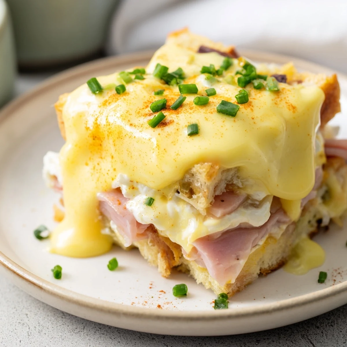 Steaming scoop of Eggs Benedict Casserole revealing fluffy eggs, savory ham, and toasted English muffins.