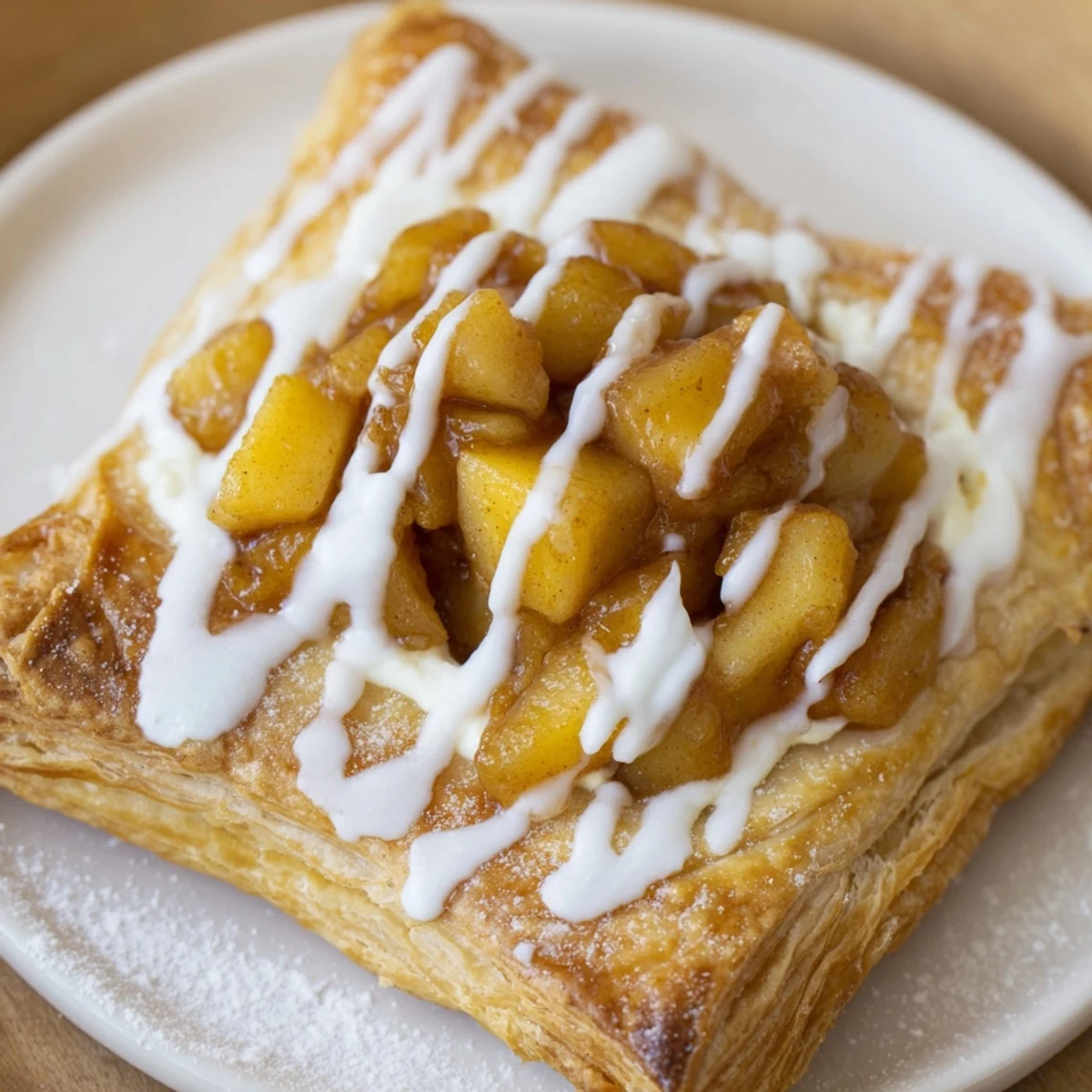 Golden, flaky Apple Cheese Danishes fresh from the oven on a rustic parchment-lined baking sheet.