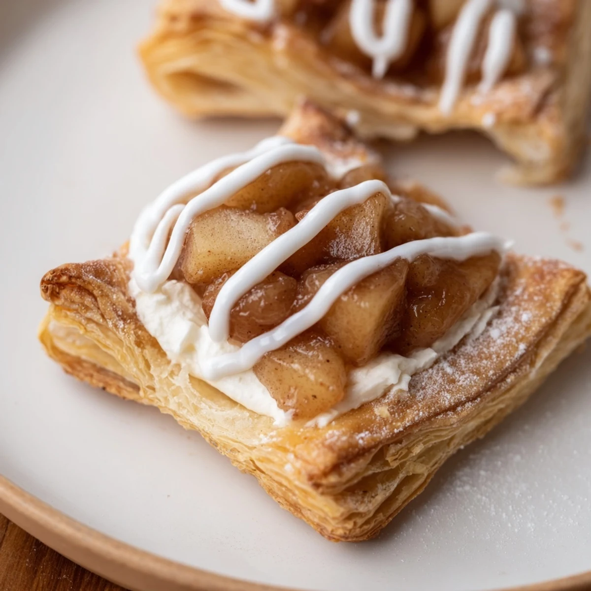 Warm Apple Cheese Danishes topped with syrupy cinnamon apples and drizzled with sweet vanilla glaze.