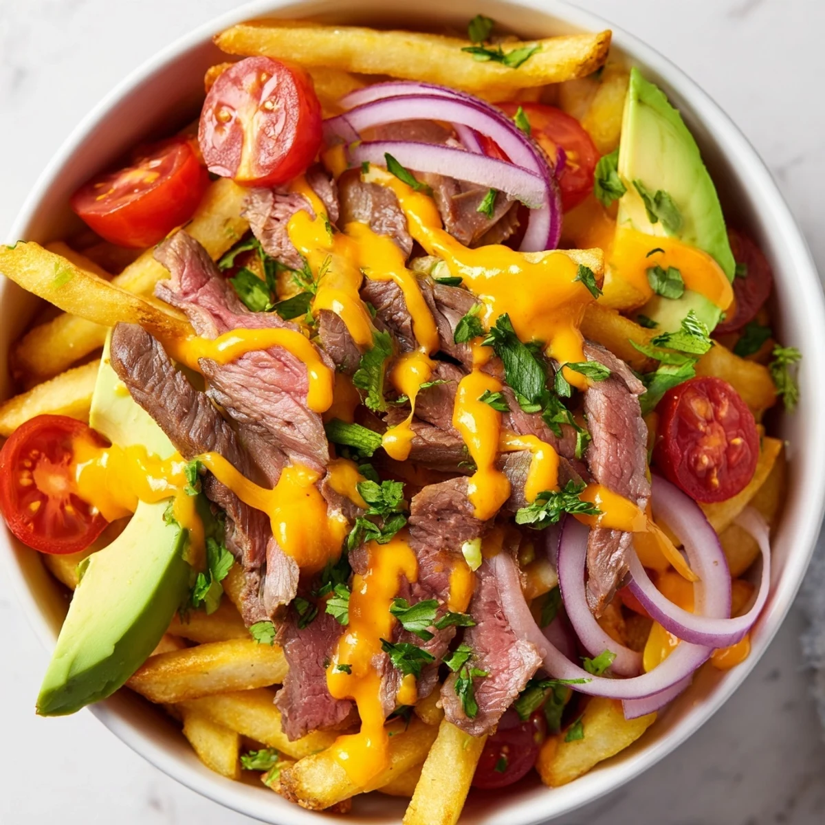Crispy fries and juicy steak strips piled high in a savory dinner bowl