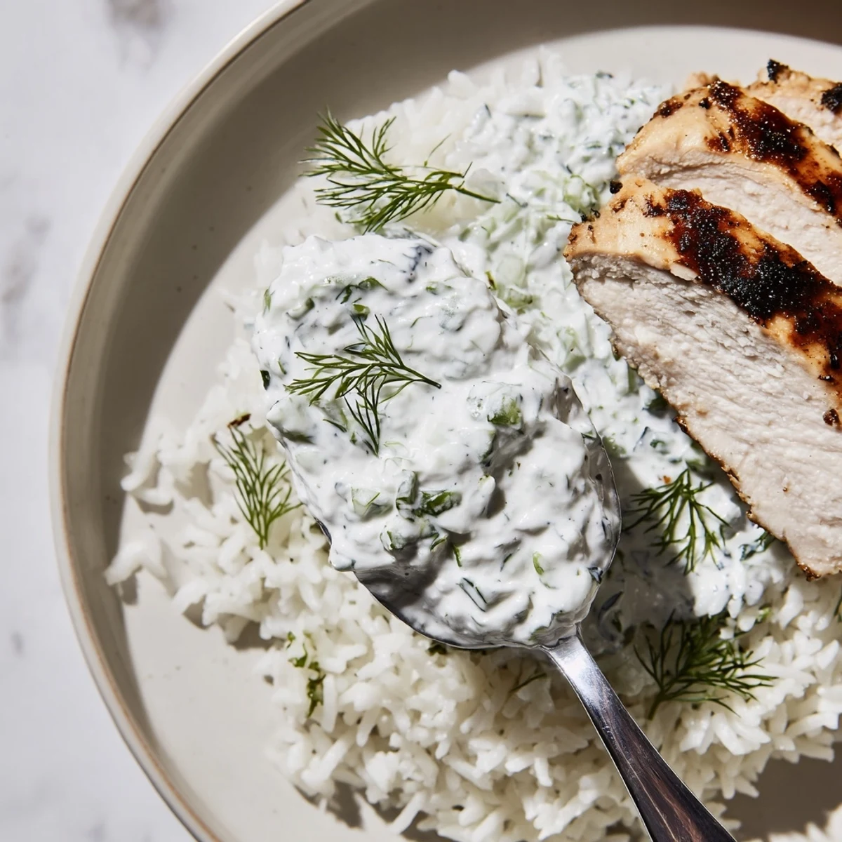 Warm basmati rice and sliced grilled chicken anchor this bright Greek Chicken Bowl topped with tzatziki.