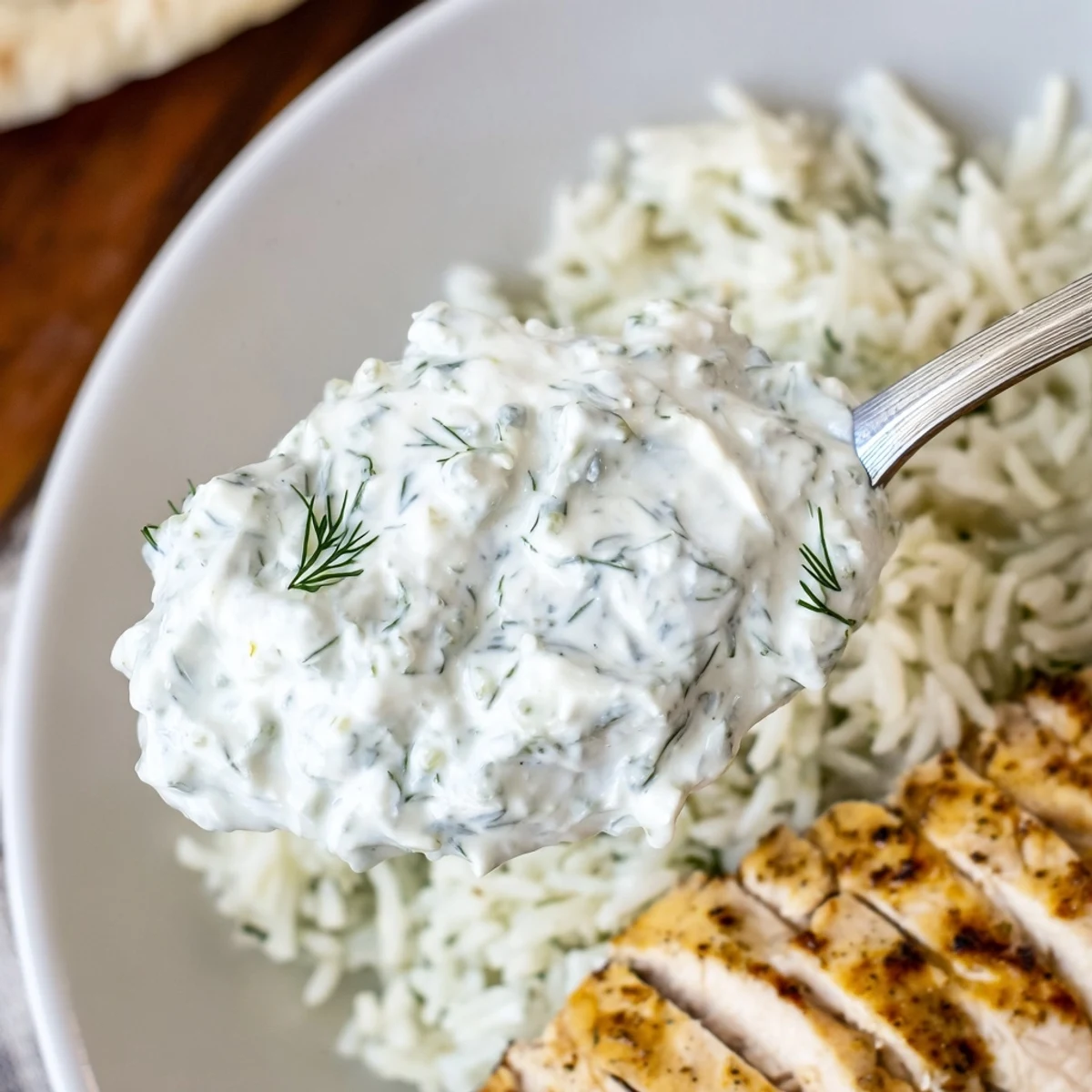 Sizzling sliced chicken rests on fluffy rice in this colorful Greek Chicken Bowl drizzled with creamy tzatziki.
