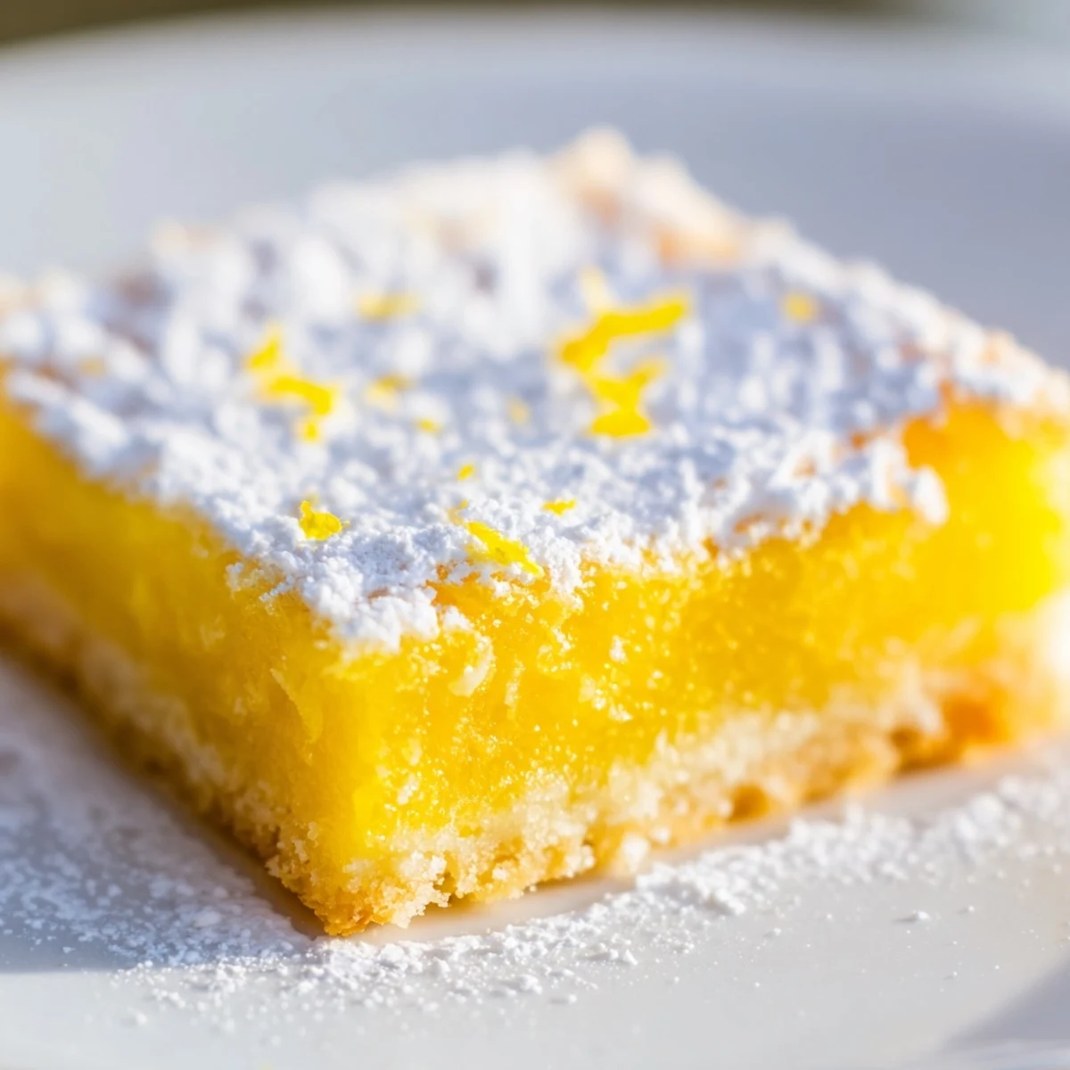 Golden simple lemon bars dusted with powdered sugar sit on a rustic wooden cutting board.