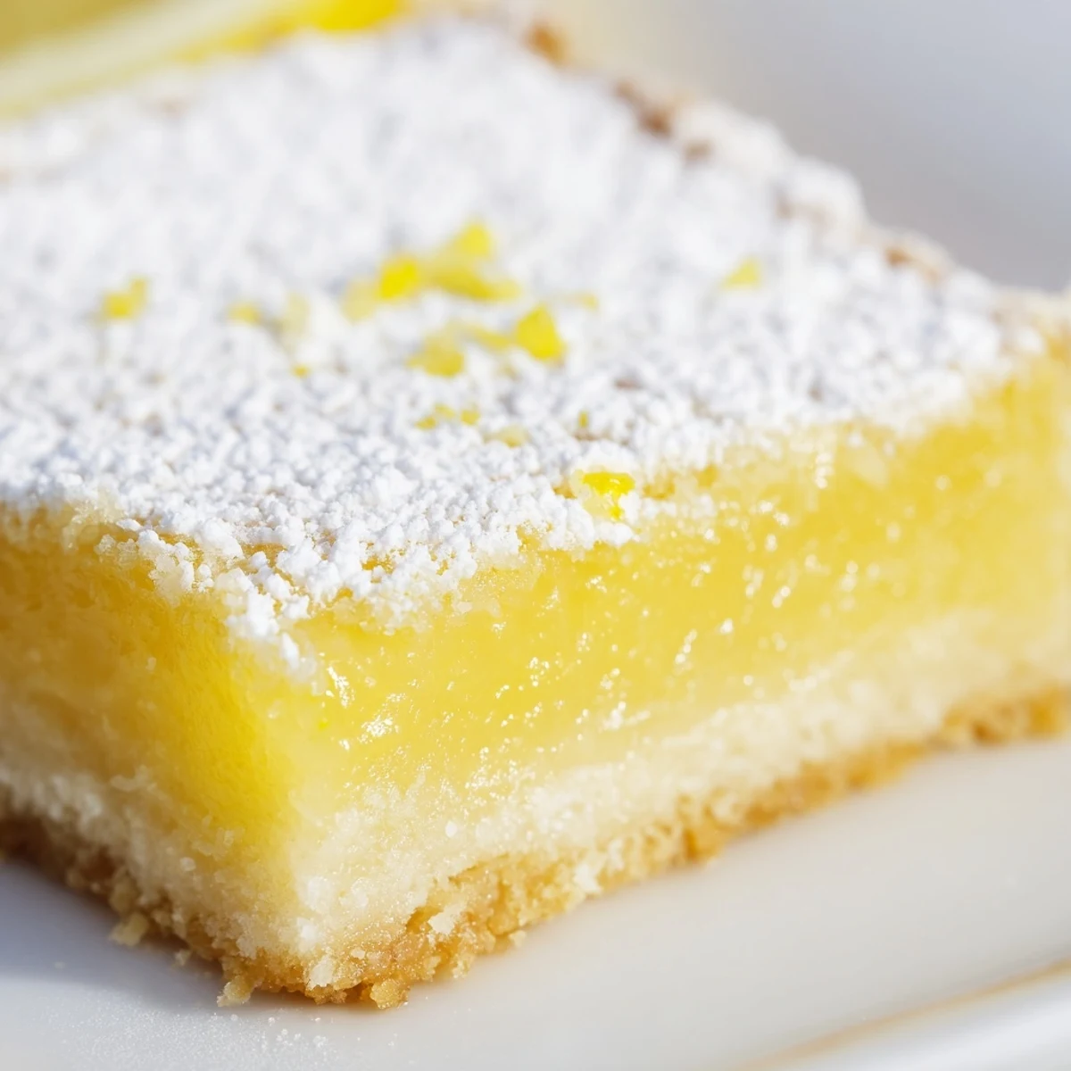 Fresh simple lemon bars showcase a bright yellow filling resting on a white plate.