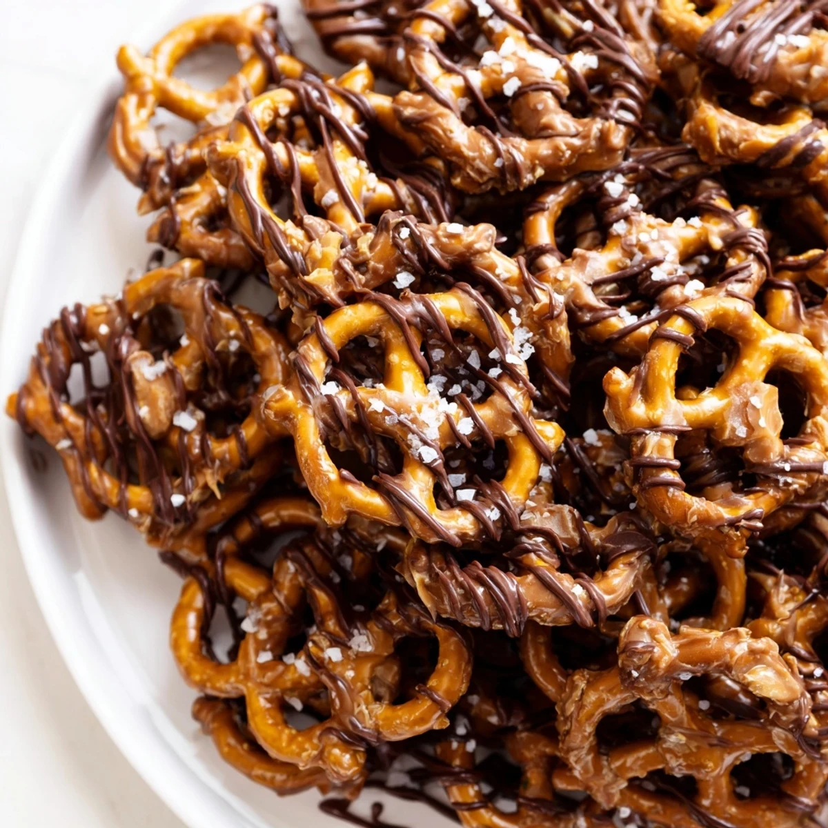 Close-up of crispy butter toffee pretzels coated in a sweet and salty buttery glaze.
