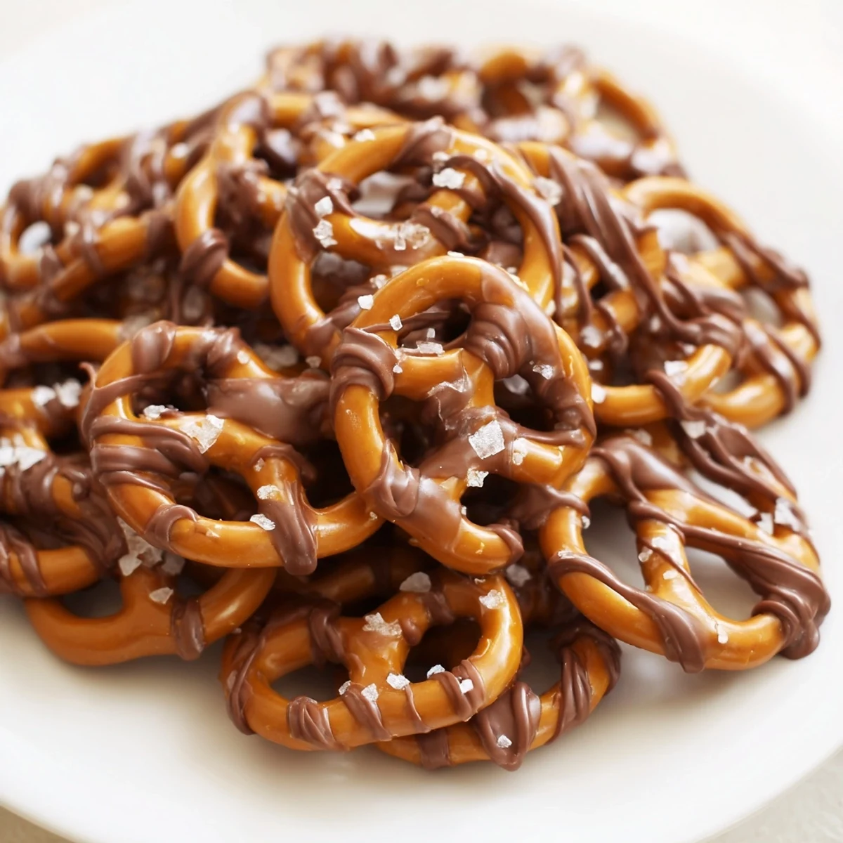 Golden butter toffee pretzels drizzled with melted chocolate and topped with flaky sea salt.