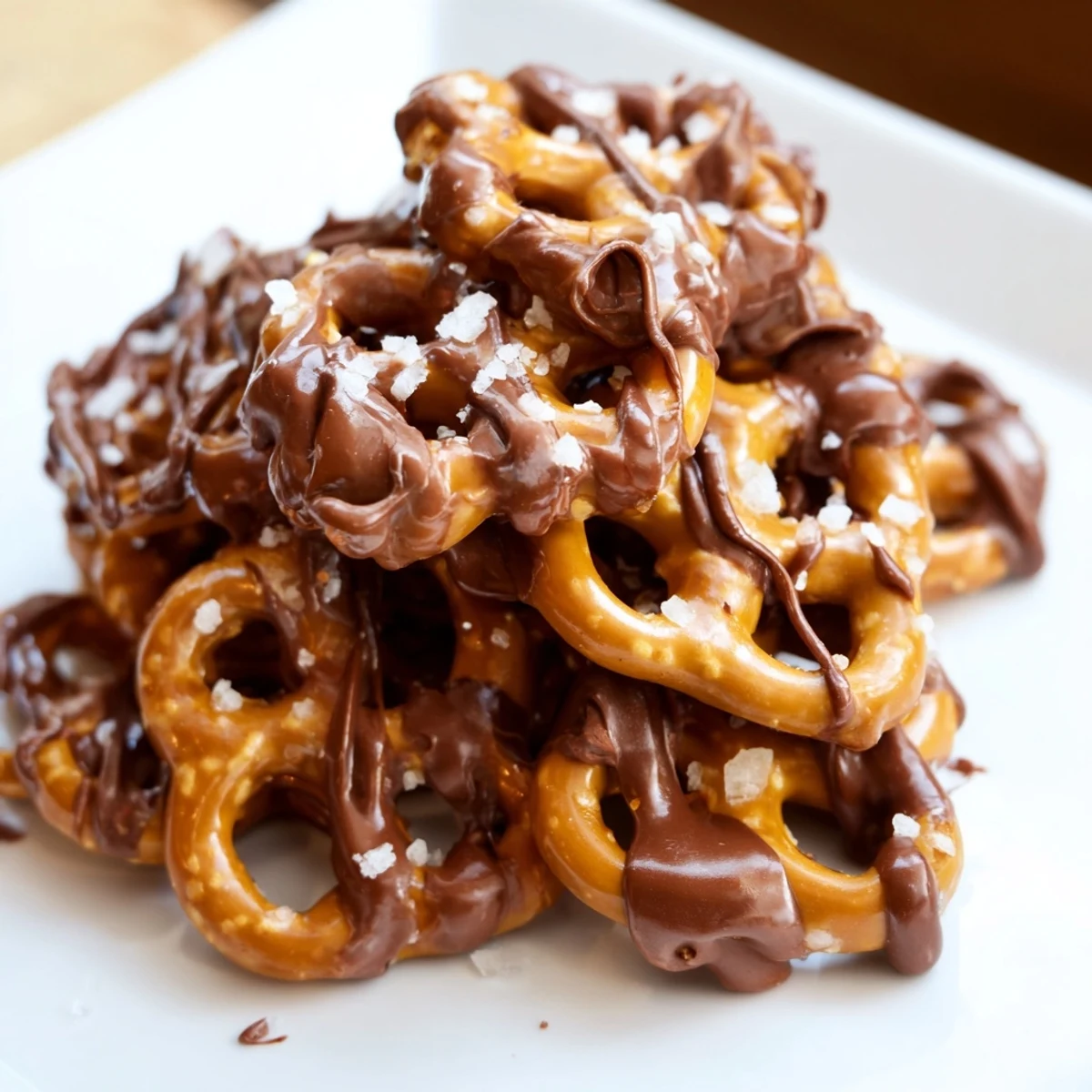 Homemade butter toffee pretzels arranged on a baking sheet with rich chocolate swirls.