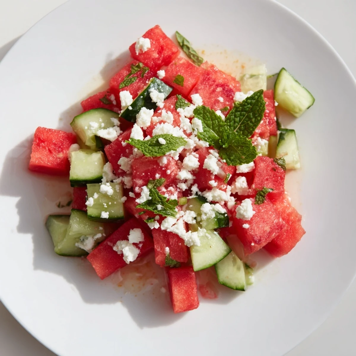 Fresh watermelon cucumber salad with mint and tangy lime dressing drizzled over crisp cubes  