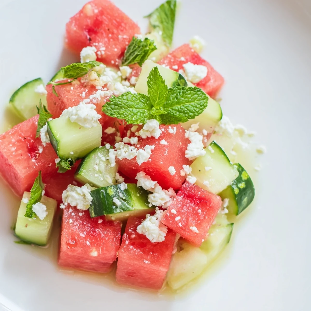 Colorful watermelon cucumber salad in a bowl topped with crumbled feta and fresh mint leaves  