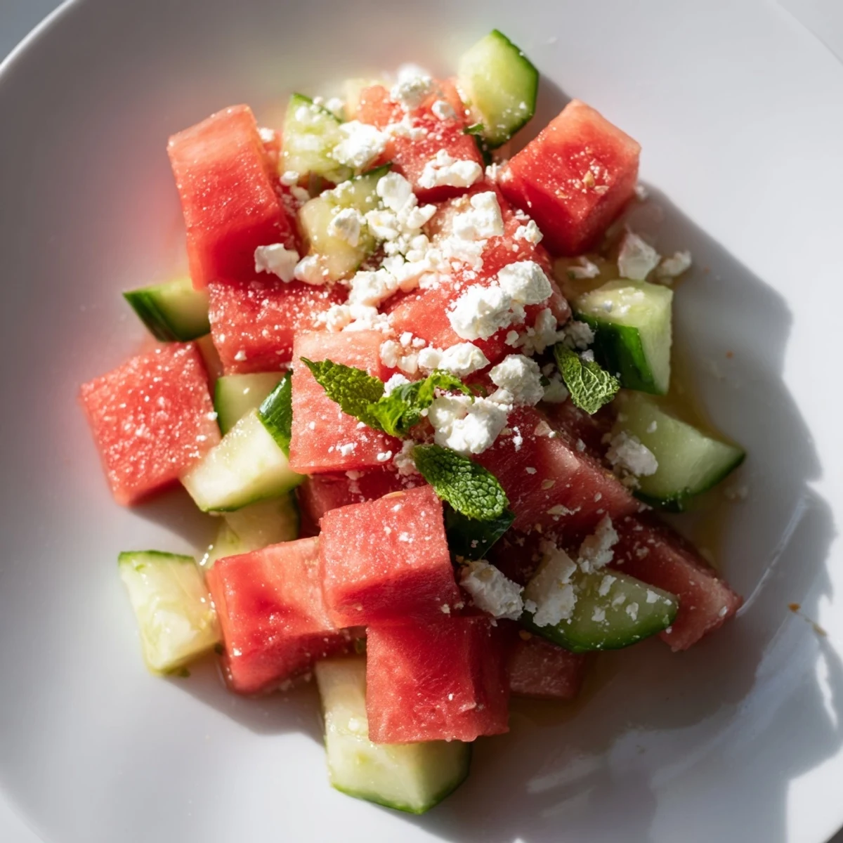 Juicy watermelon and crunchy cucumber salad tossed in zesty lime dressing for a refreshing summer dish