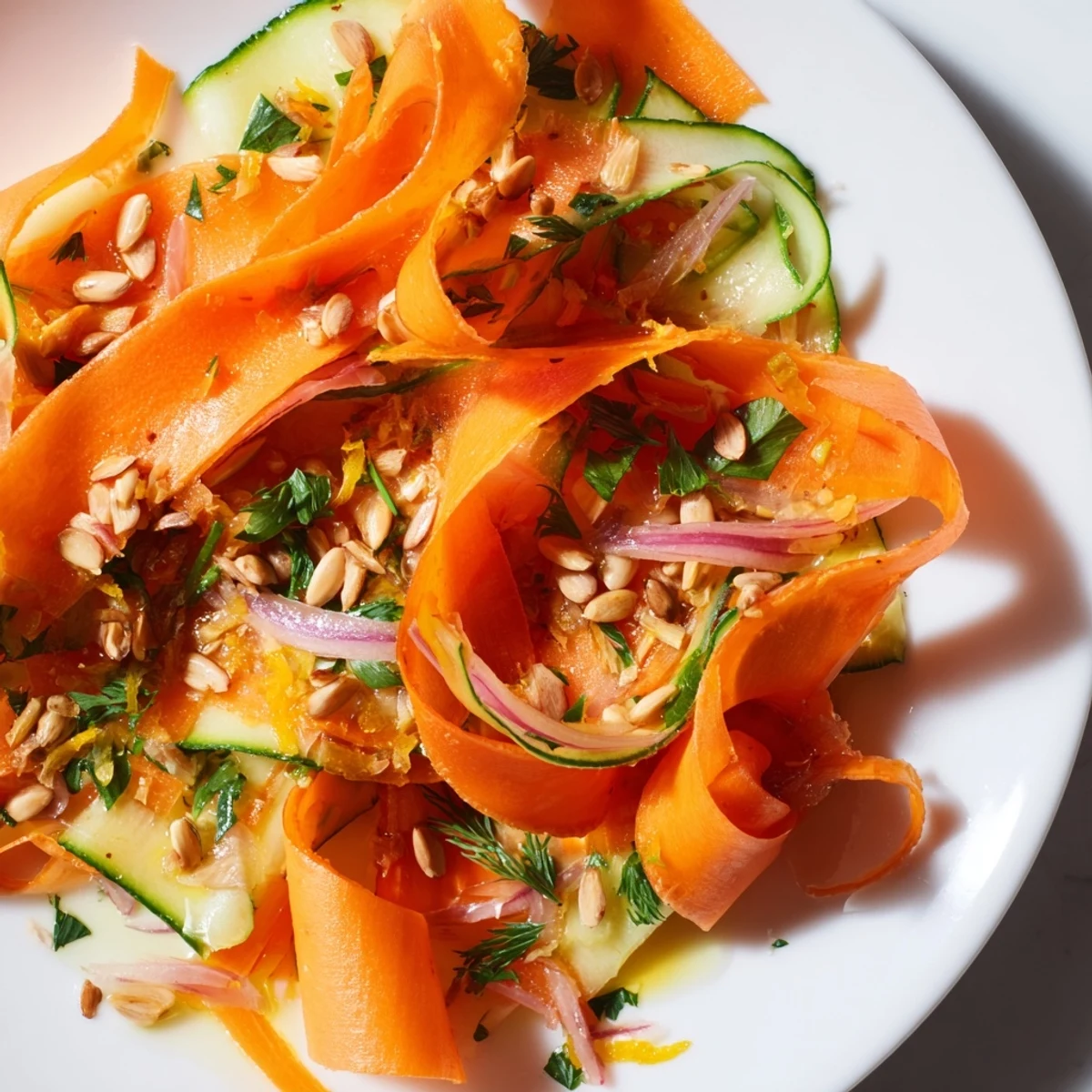 Vibrant carrot ribbon salad tossed with zesty citrus dressing and fresh parsley.  