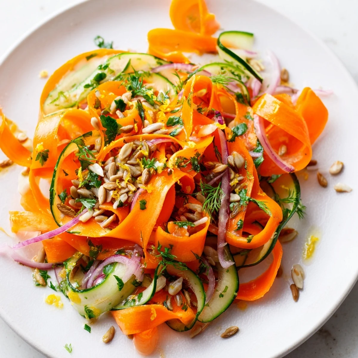 Colorful carrot ribbon salad garnished with sunflower seeds and lemon zest.