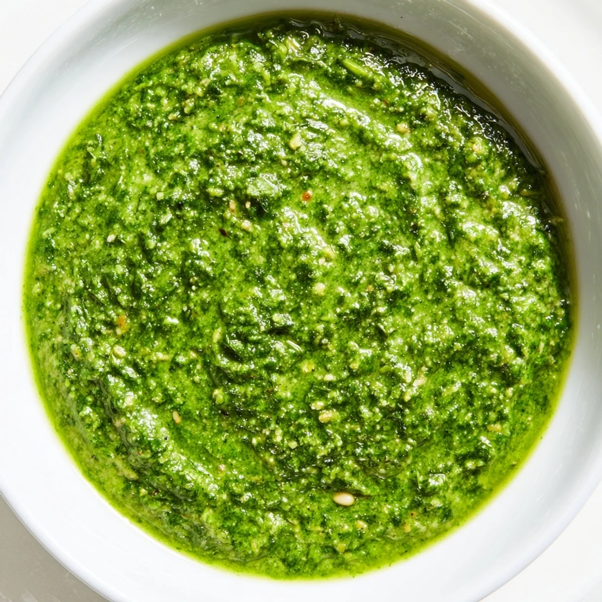 Creamy garlic scape pesto spread on toasted rustic bread with a sprinkle of Parmesan.  
