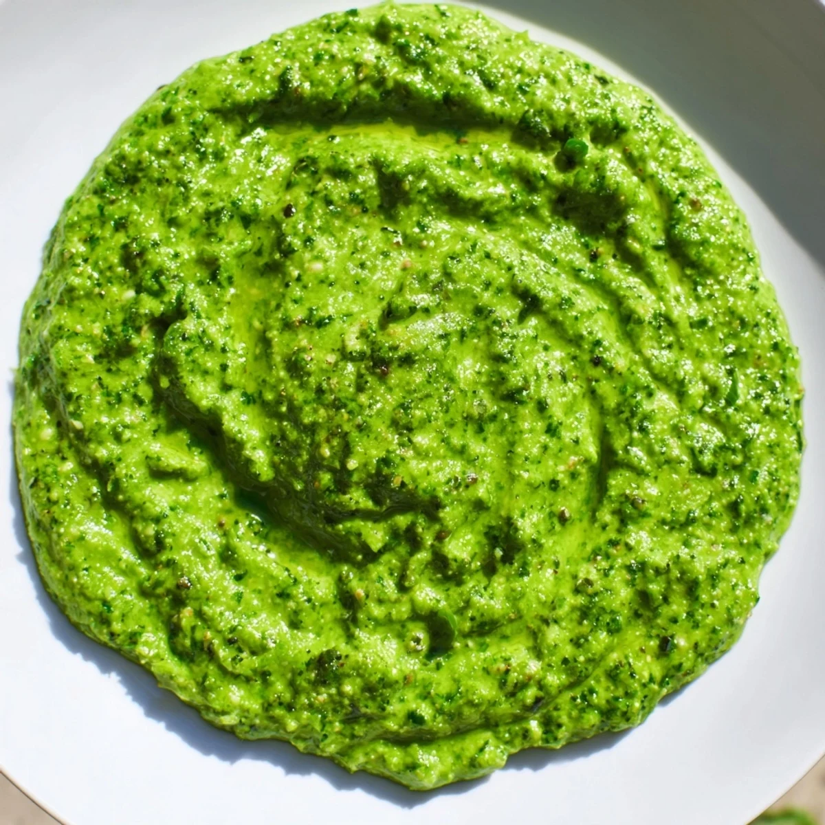 Vibrant green garlic scape pesto drizzled over fresh pasta with basil leaves.  