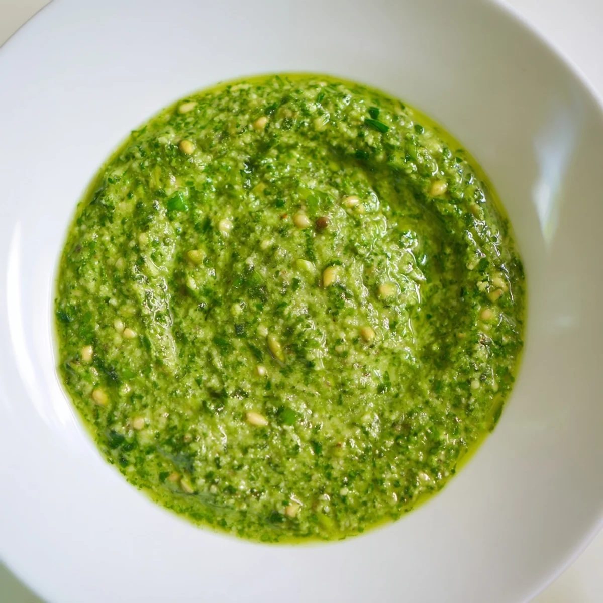 Aromatic garlic scape pesto in a wooden bowl, garnished with pine nuts and lemon.